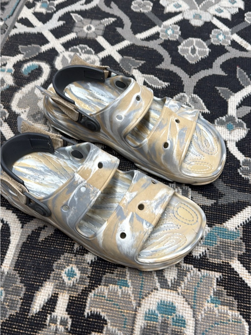 CROCS Men's Marbled Silver and Tan Dual-Strap Sandals